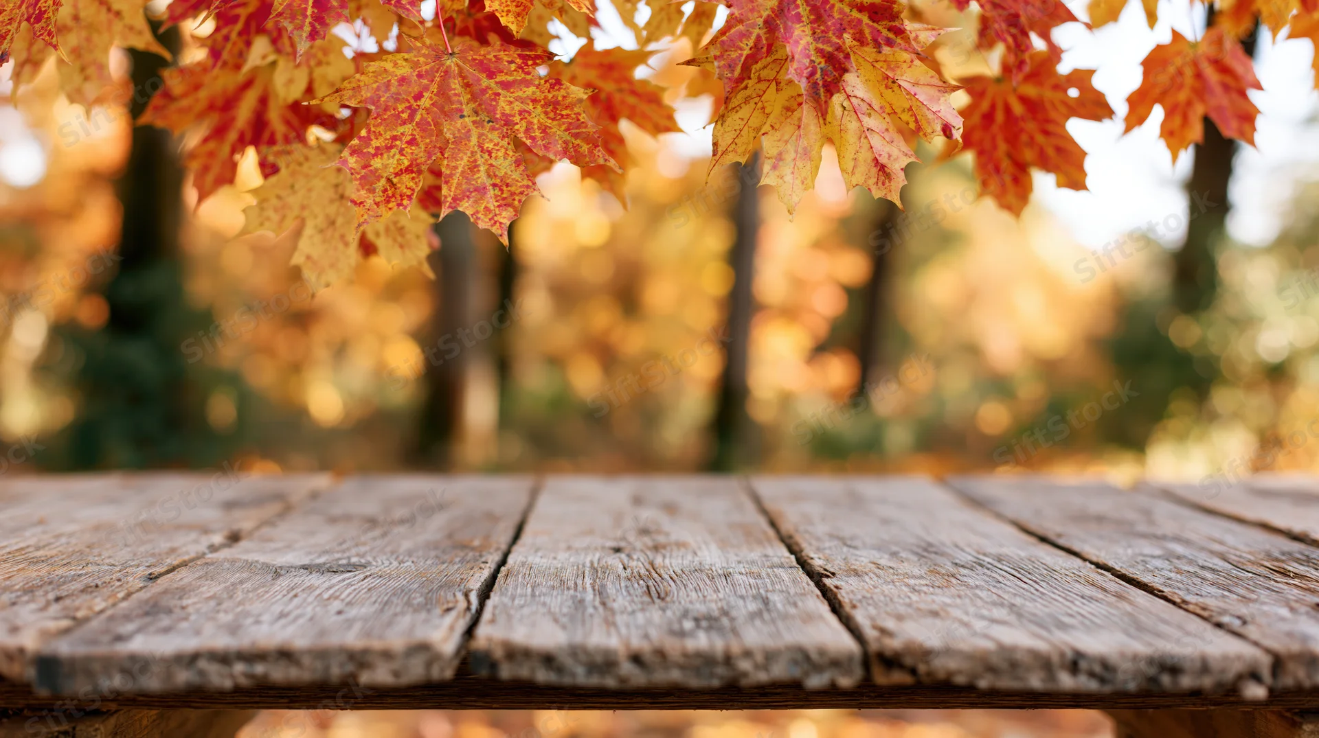Weathered wooden table surface in a forest with autumn maple leaves above
