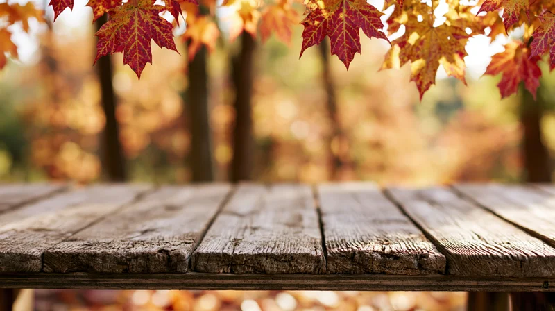 Weathered wooden table surface in autumn forest with colorful maple leaves overhead