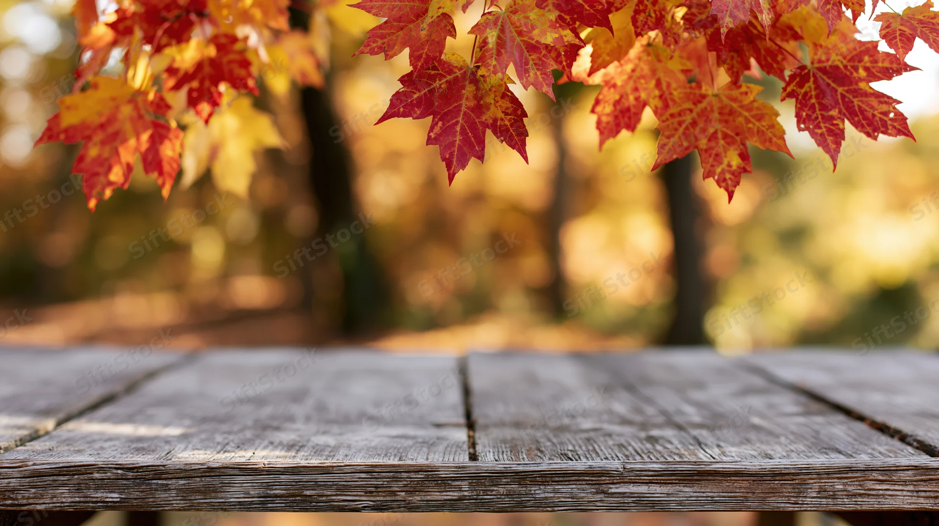 Weathered wooden table surface in a park with autumn maple leaves hanging above