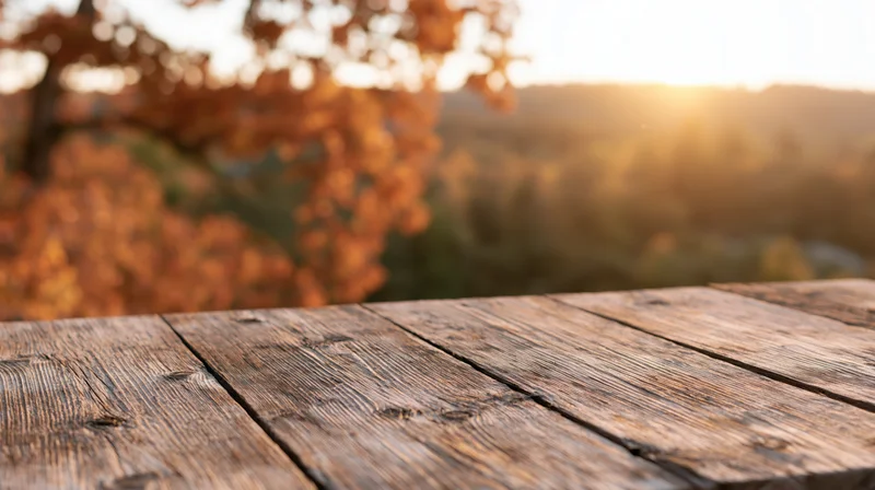 Weathered wooden plank table surface in foreground with autumn forest and sunset in background