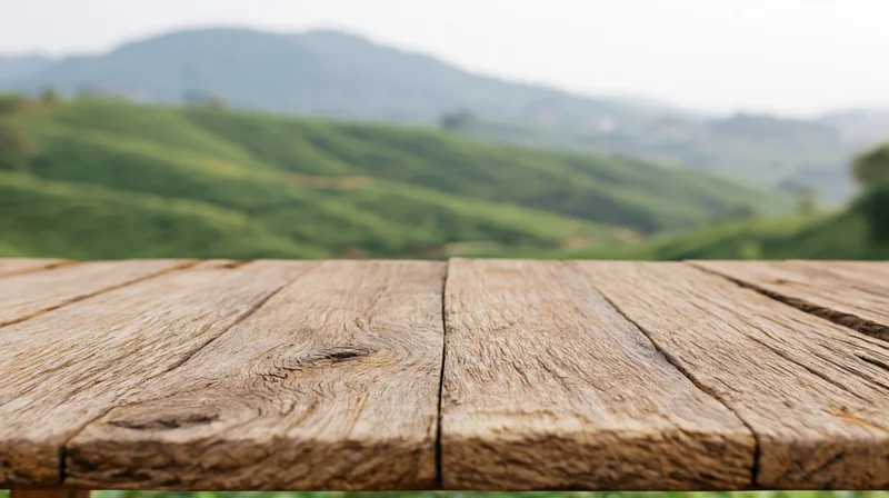 Weathered wooden table surface in front of a green tea plantation landscape