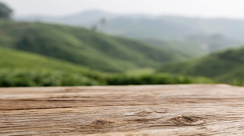Weathered wooden table surface in front of green rolling hills landscape