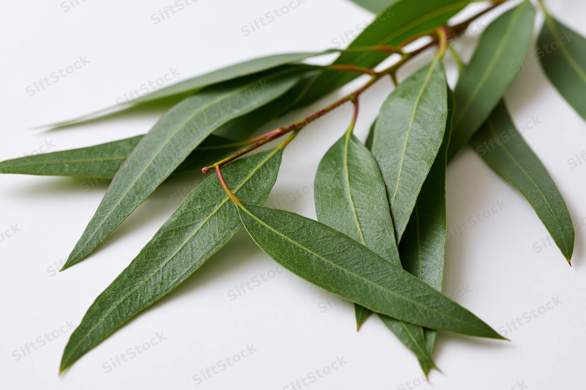 Eucalyptus branch with long narrow green leaves laid flat on white surface
