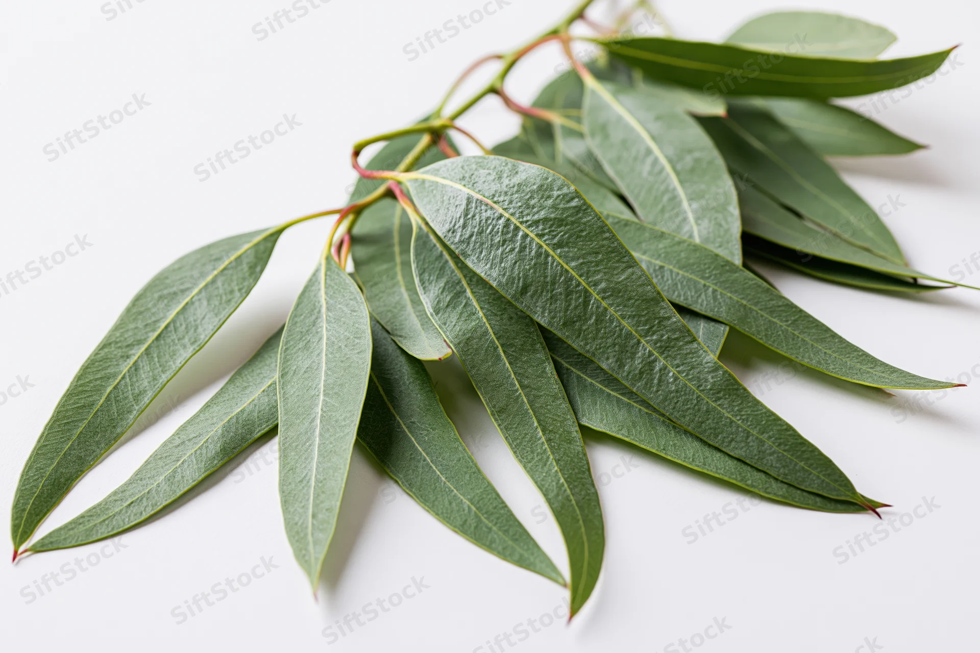 Eucalyptus branch with long narrow green leaves laid flat on white surface