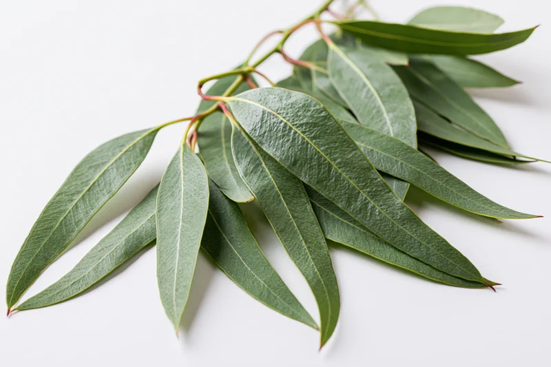 Eucalyptus branch with long narrow green leaves laid flat on white surface