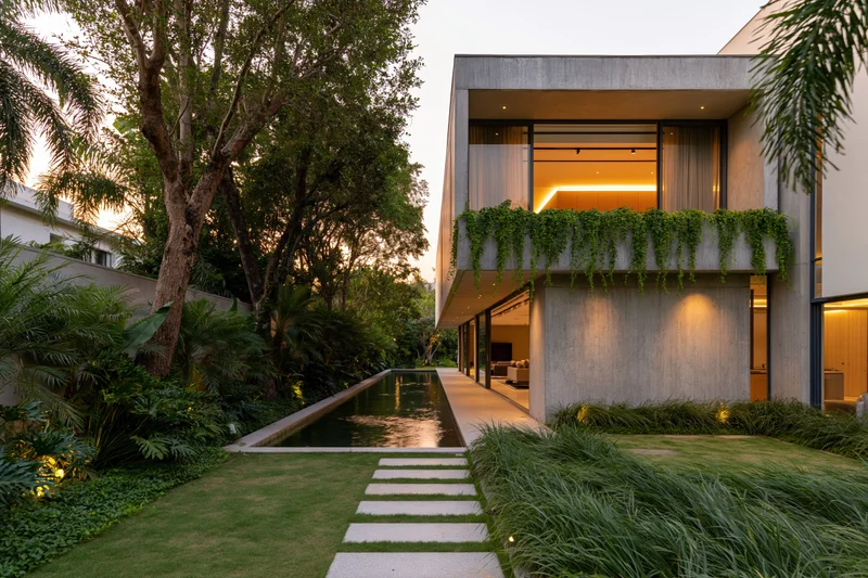 Modern concrete luxury home exterior with glass walls and garden pathway at dusk