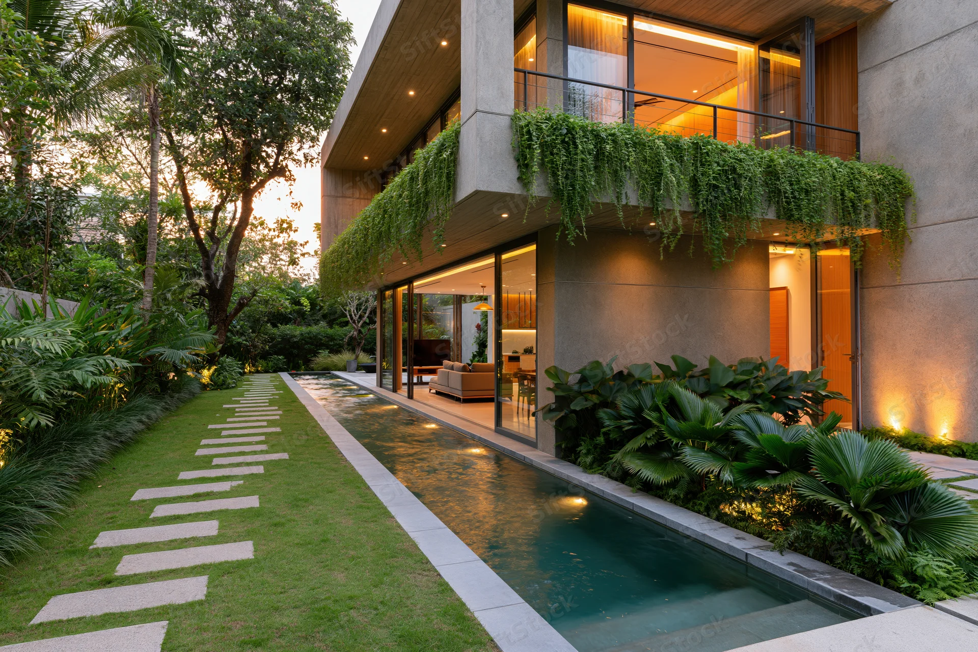 Modern luxury home exterior with concrete facade, glass walls, and garden pathway alongside a reflecting water feature at dusk