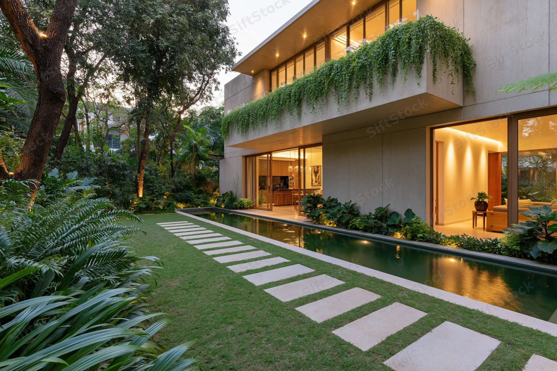 Modern concrete luxury home exterior with garden pathway and pool at dusk
