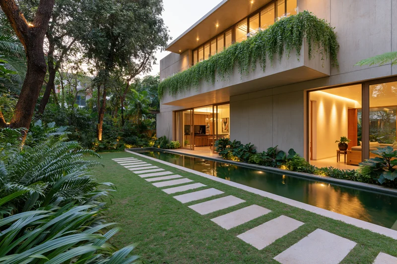 Modern concrete luxury home exterior with garden pathway and pool at dusk