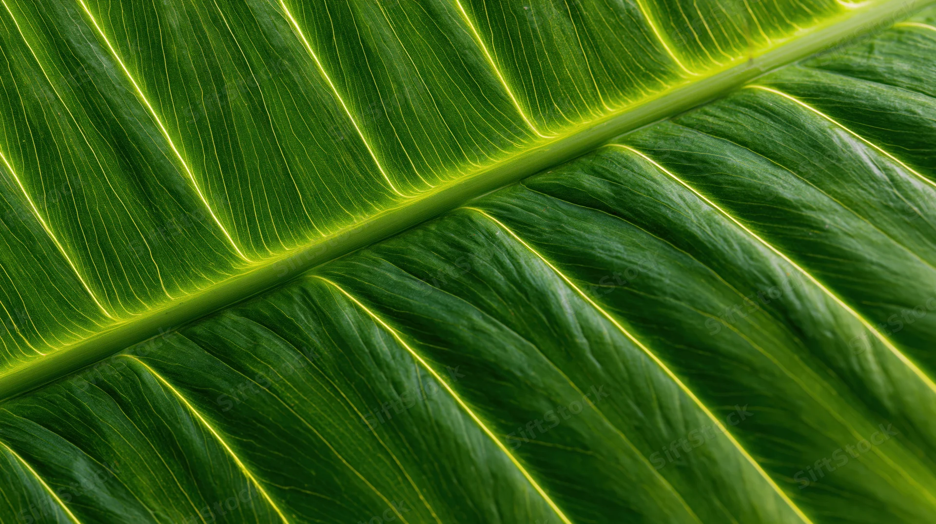 Extreme close-up of a large tropical leaf surface showing detailed veins and texture
