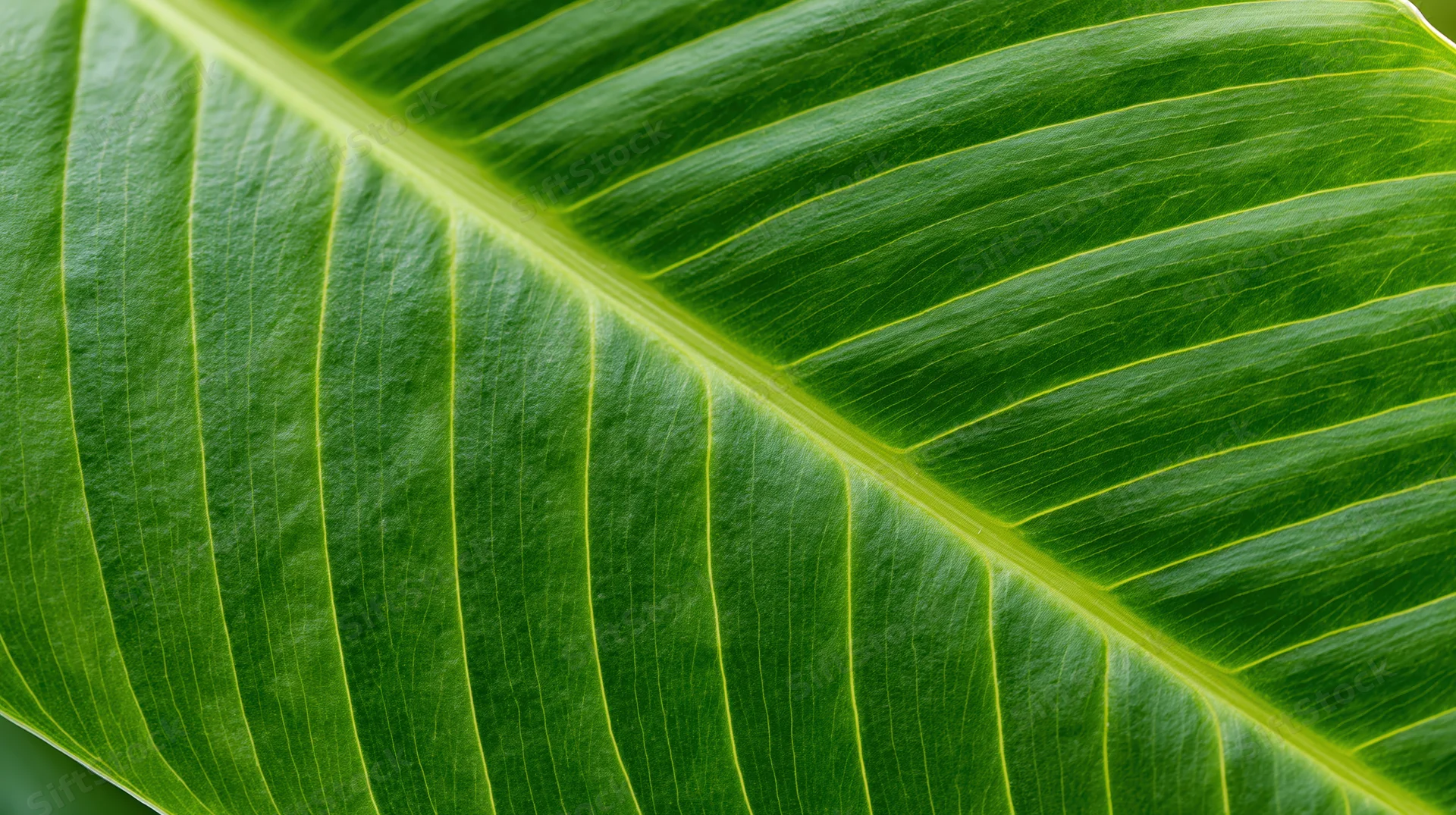 Extreme close-up of a large tropical leaf surface showing detailed veins and texture