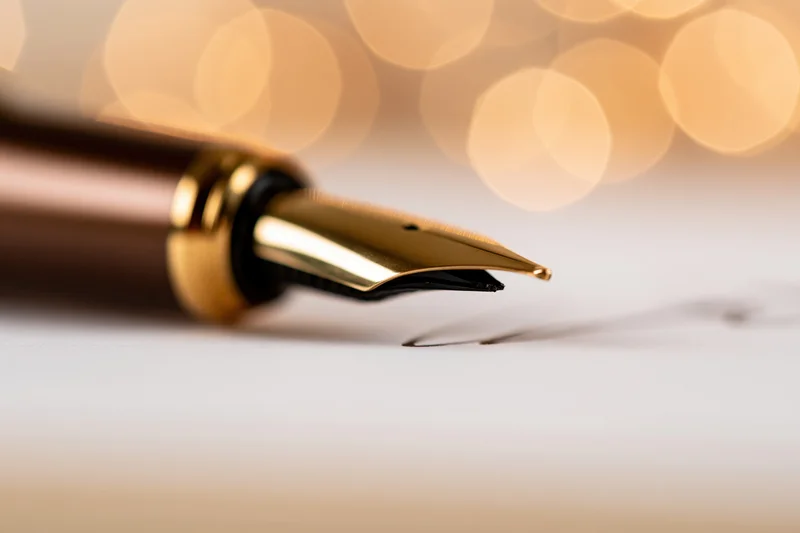 Gold-nibbed fountain pen writing on white paper with blurred warm lights in background