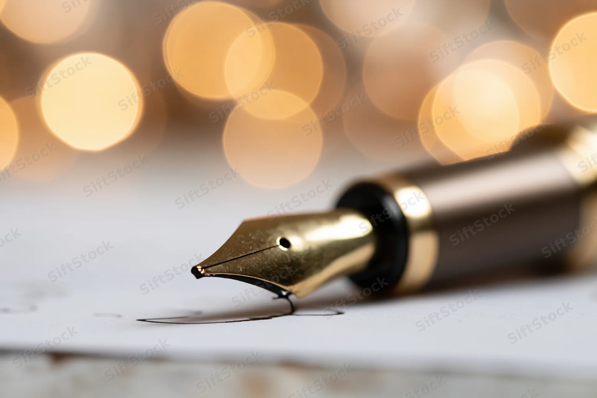 Gold-nibbed fountain pen writing on paper with blurred warm lights in background