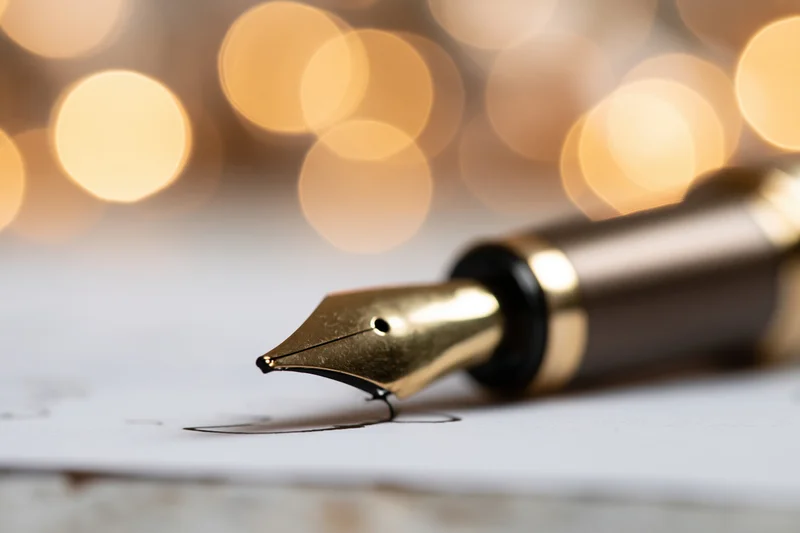 Gold-nibbed fountain pen writing on paper with blurred warm lights in background