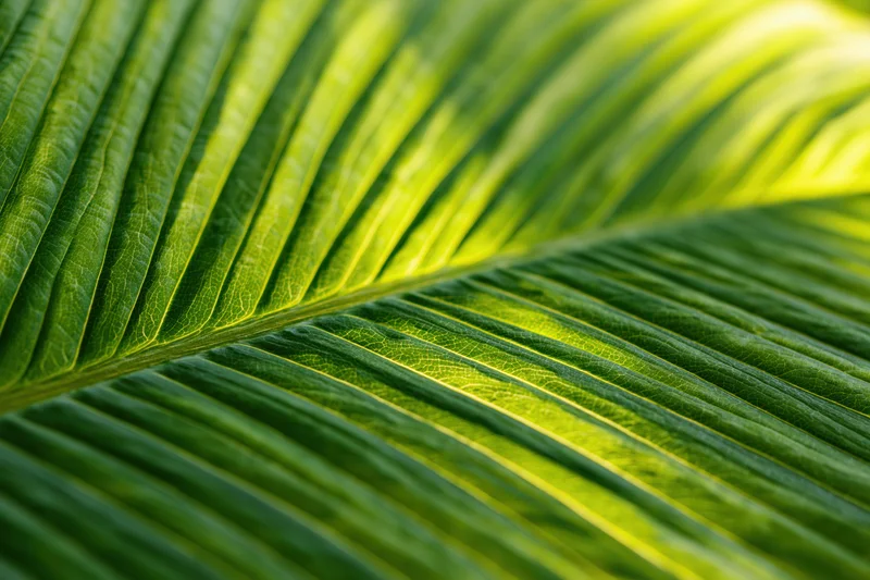 Close-up of a large tropical leaf surface showing detailed veins and texture under sunlight