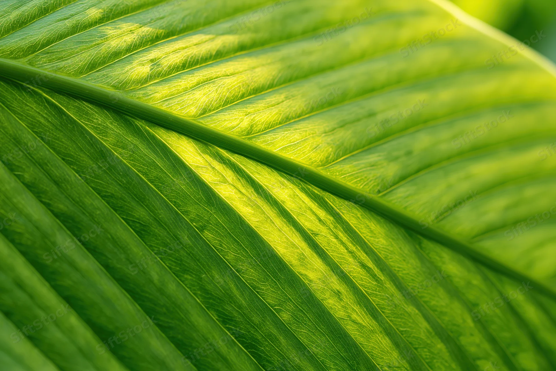 Close-up of a large tropical leaf surface showing detailed veins and texture under sunlight