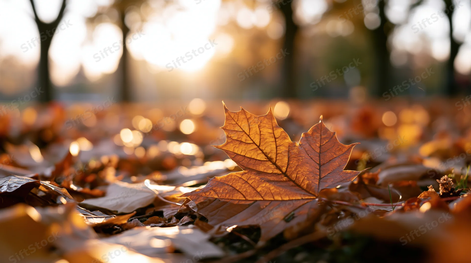 Golden maple leaf resting on a carpet of fallen leaves in a park at sunrise