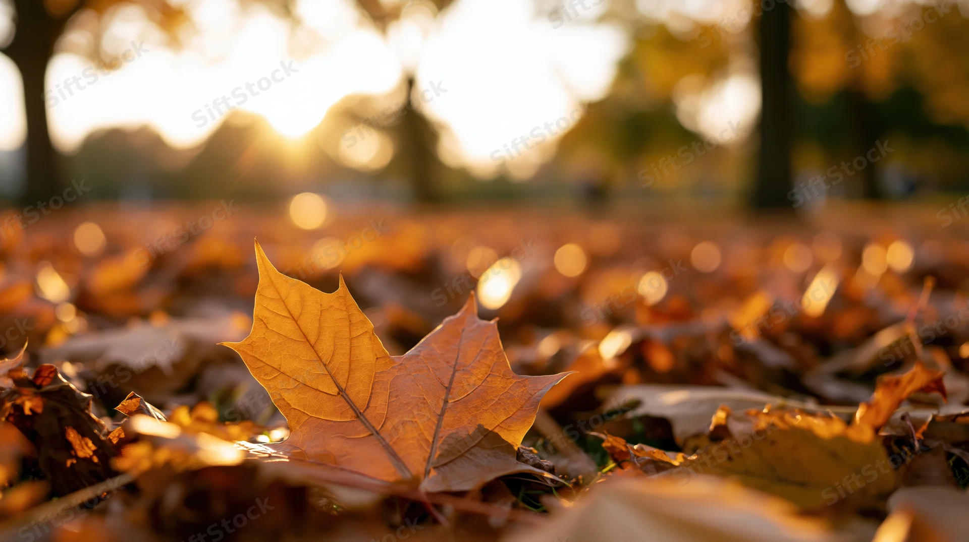 A maple leaf resting on a carpet of fallen leaves in a park at sunset