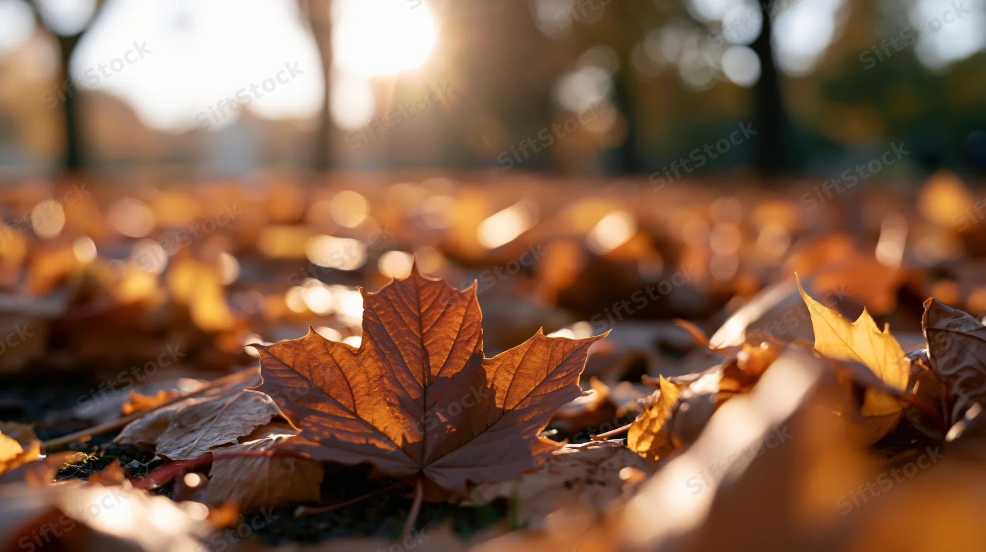 Fallen maple leaves covering park ground in autumn sunlight