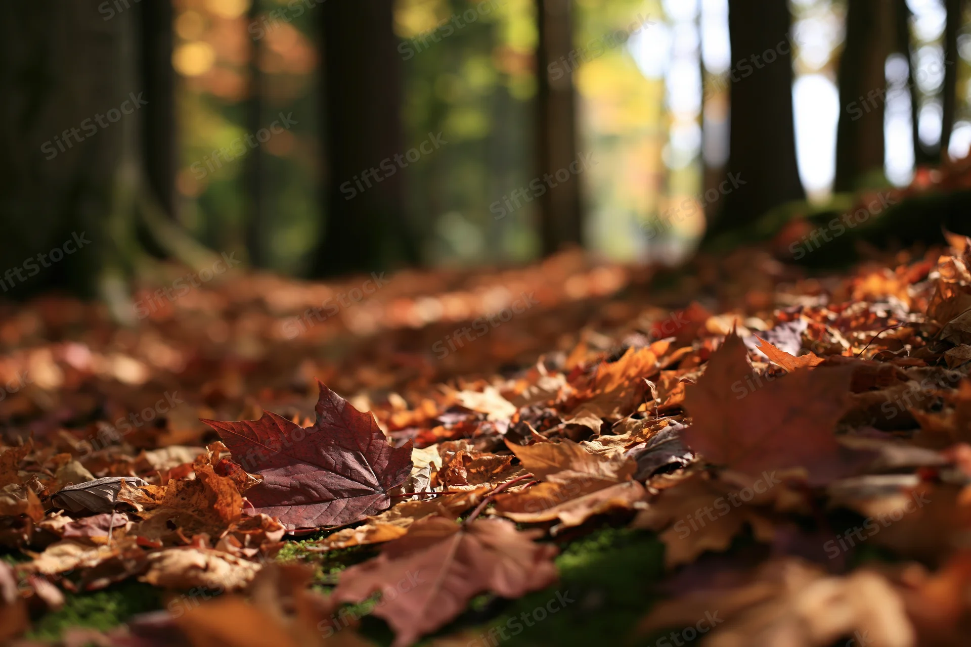 Fallen autumn leaves covering forest floor at ground level with sunlight filtering through trees