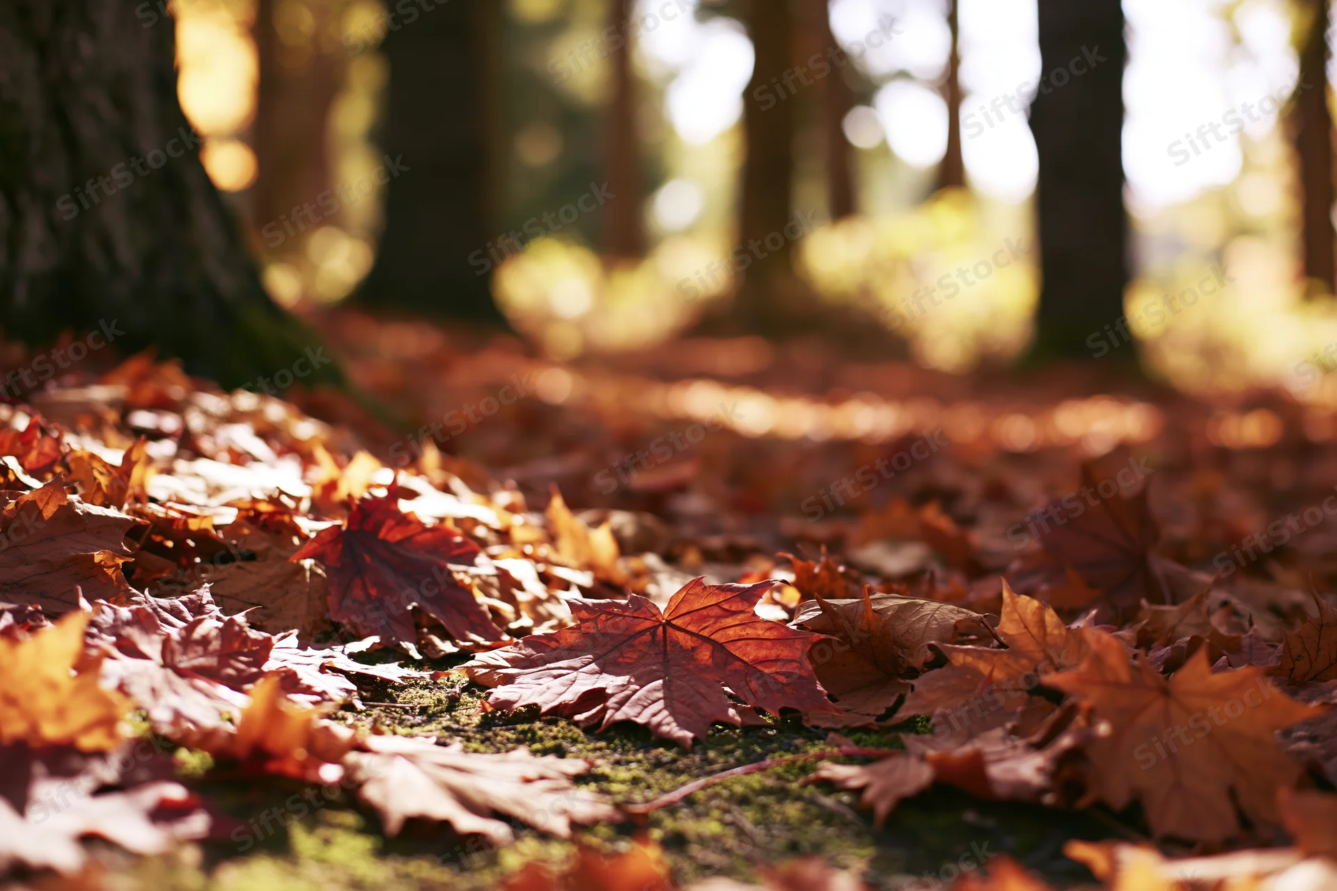Fallen autumn leaves covering forest floor at ground level with sunlight filtering through trees