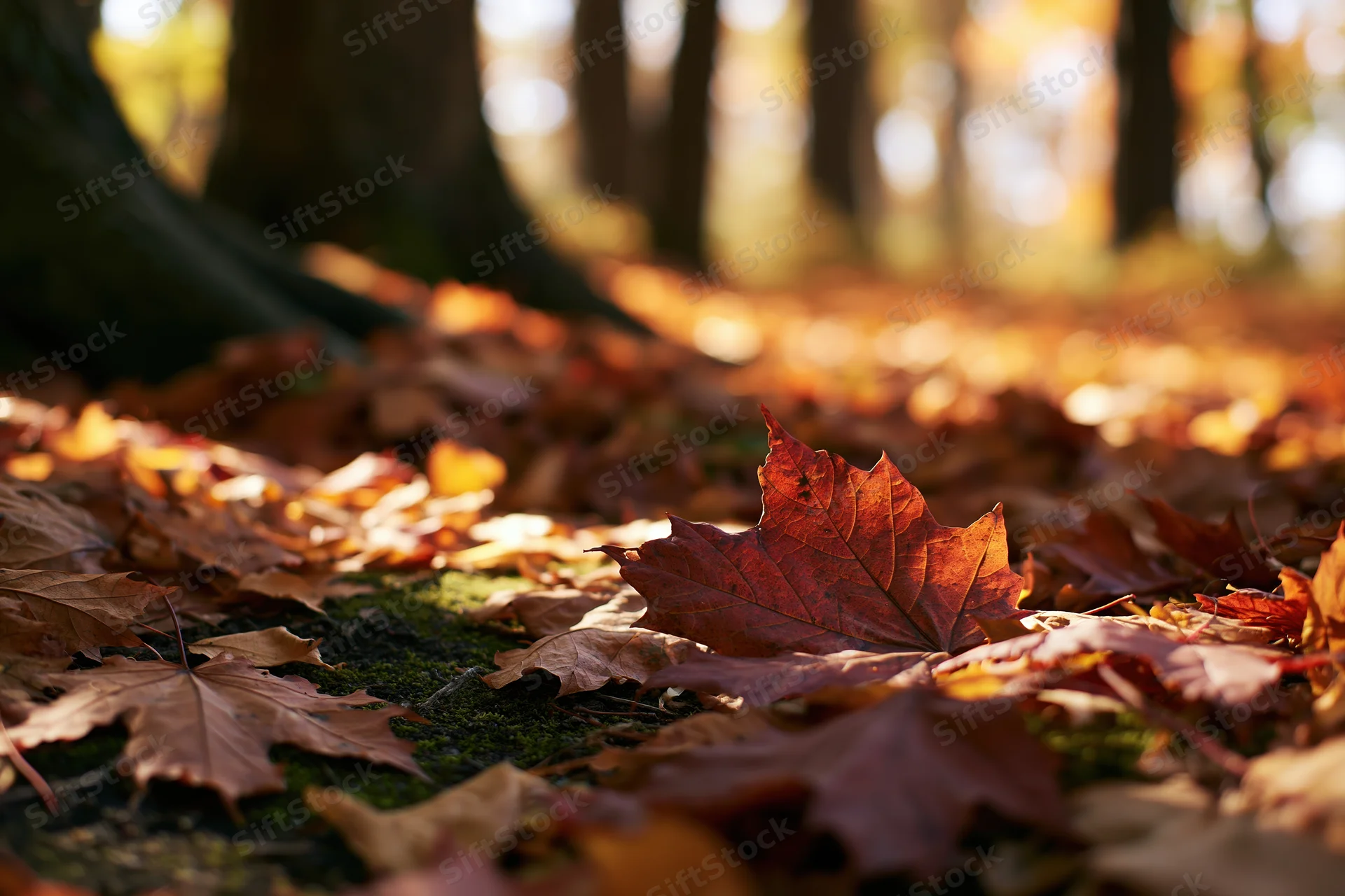 Fallen autumn leaves covering forest floor at ground level with sunlight filtering through trees