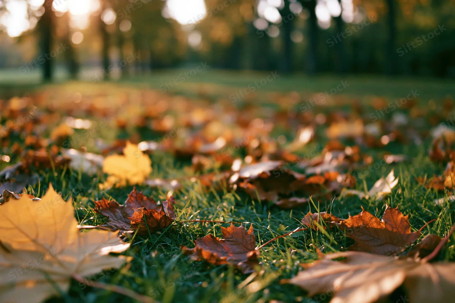 Fallen autumn leaves scattered across green grass in a park at golden hour