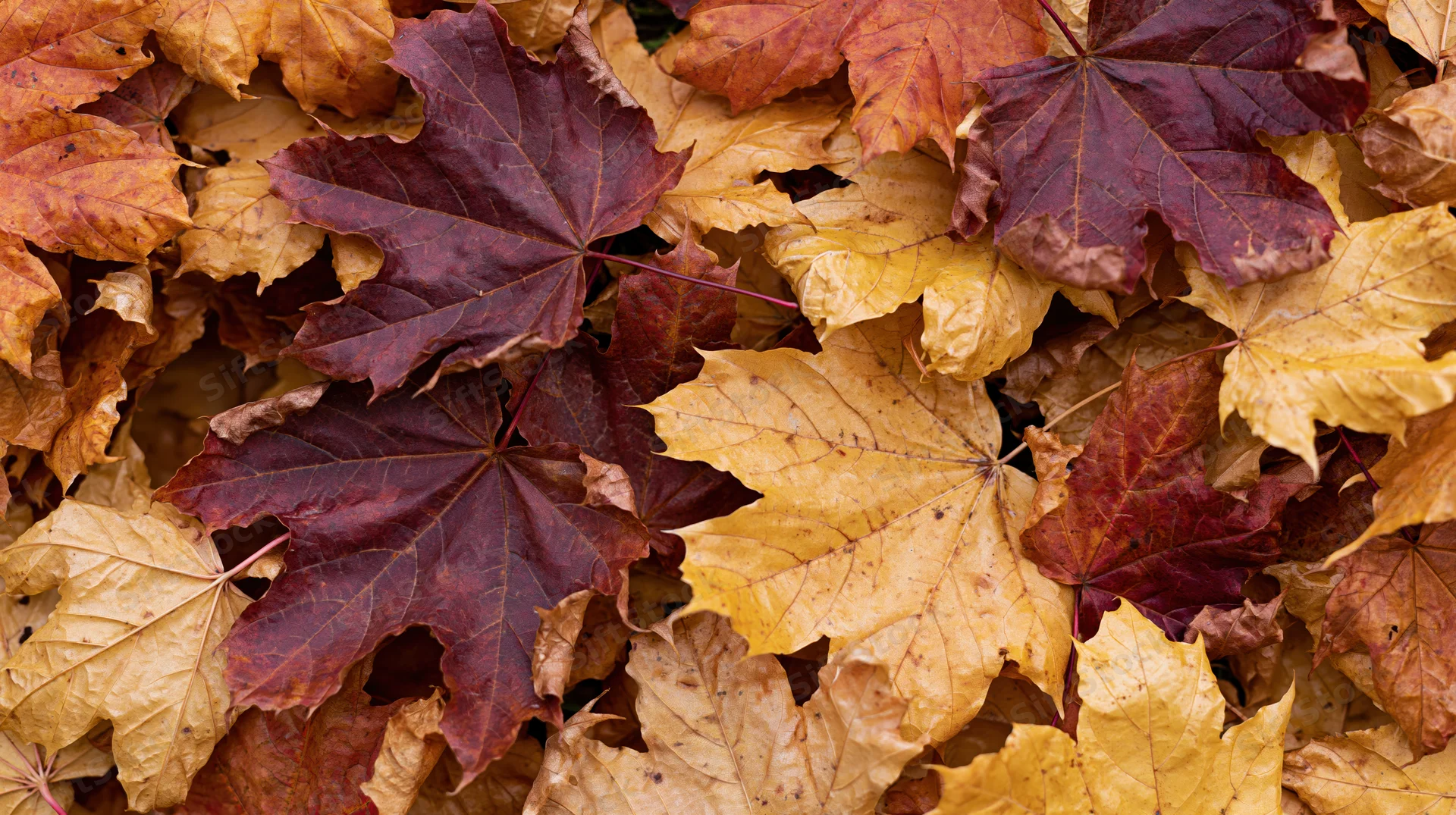 Fallen maple leaves densely covering the ground in autumn