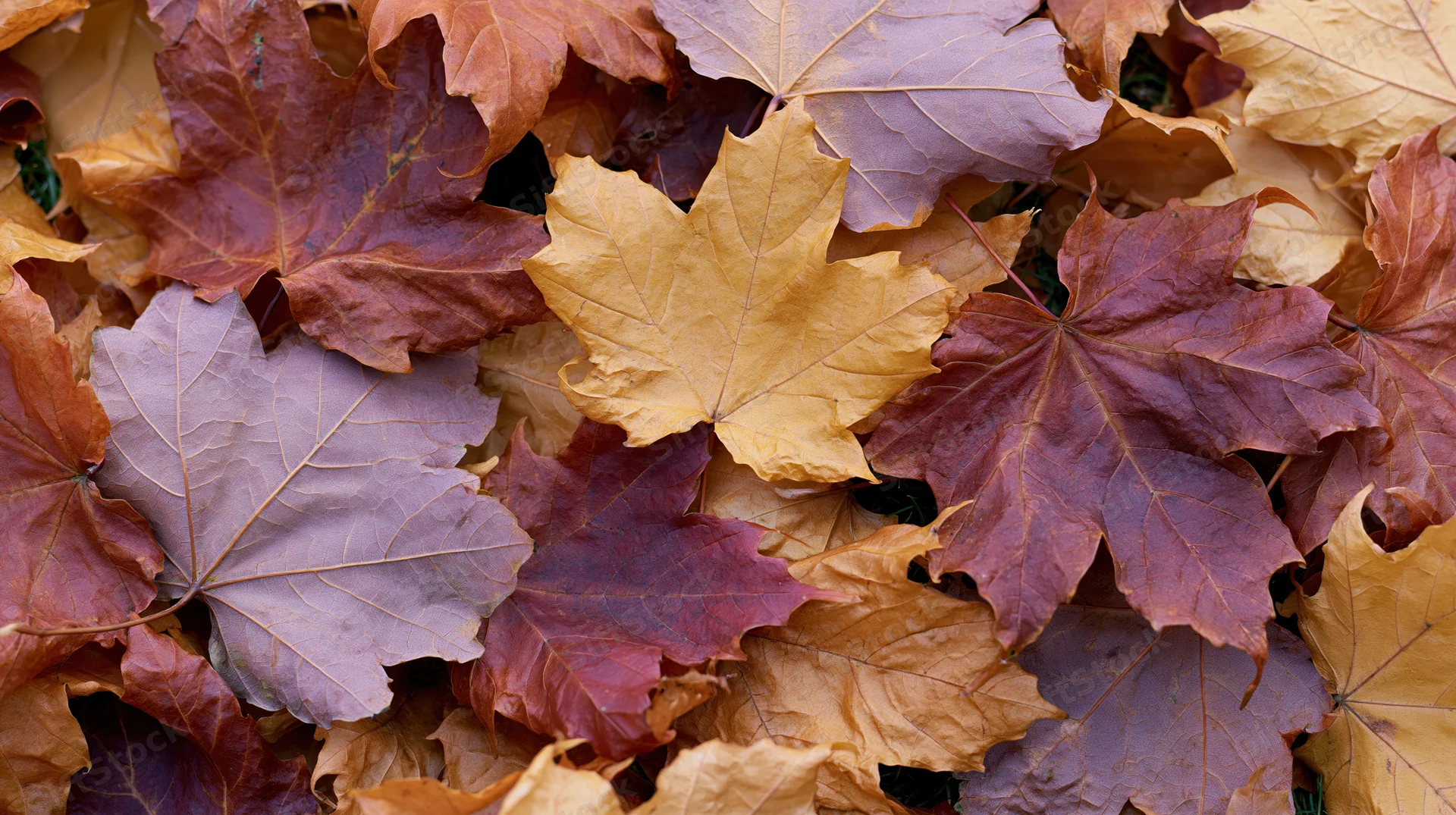 Fallen maple leaves densely covering the ground in autumn