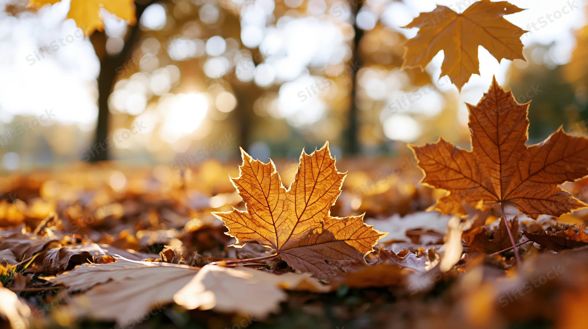 Golden maple leaves scattered on forest ground in autumn sunlight