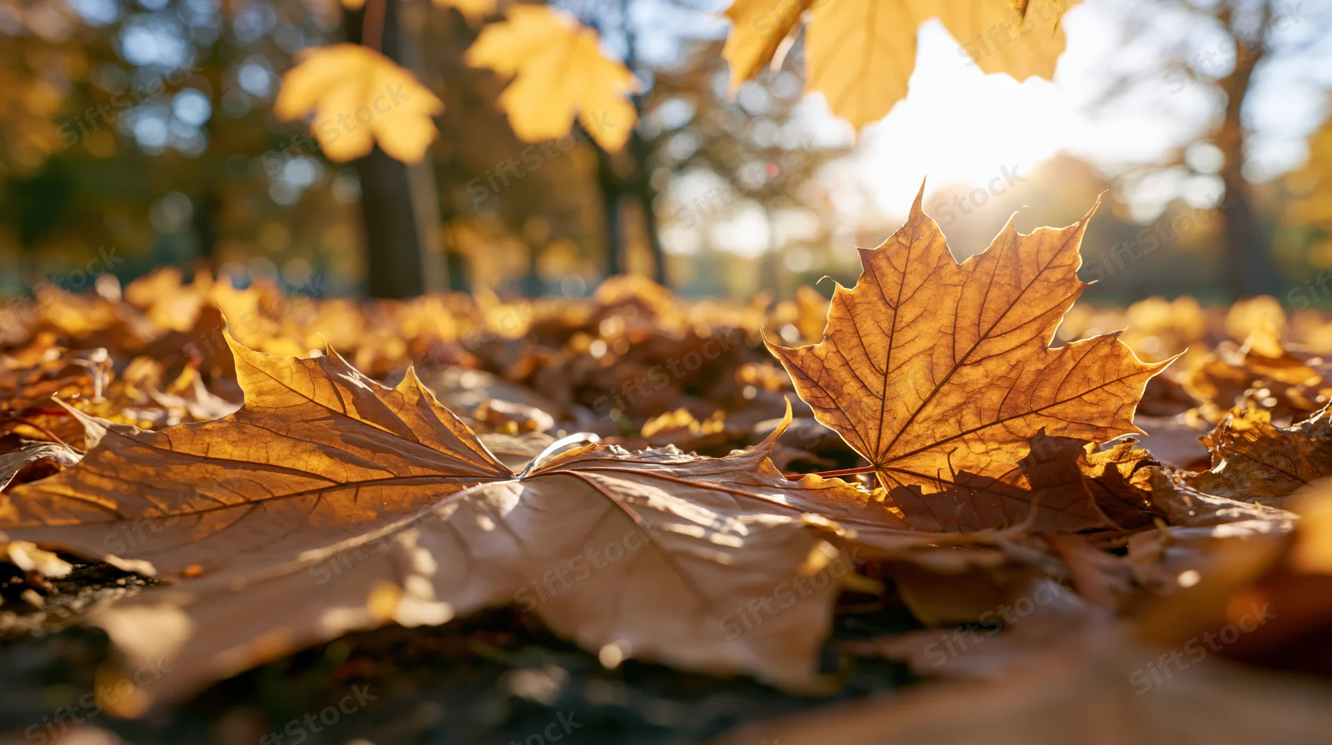 Golden maple leaves scattered on forest ground in autumn sunlight