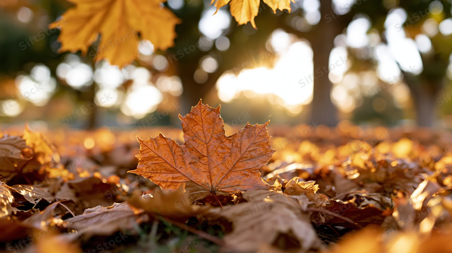 Fallen maple leaf resting on a carpet of autumn foliage in a sunlit forest clearing