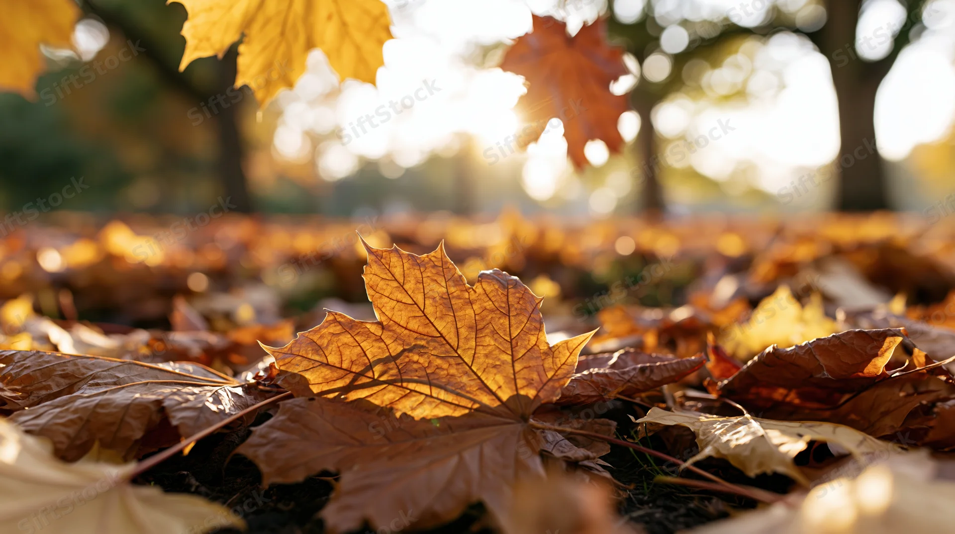 Fallen maple leaves scattered across the ground in autumn sunlight