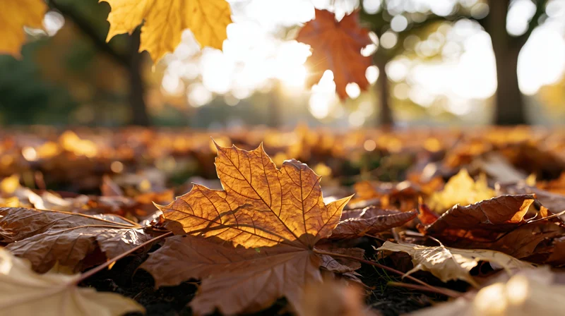 Fallen maple leaves scattered across the ground in autumn sunlight
