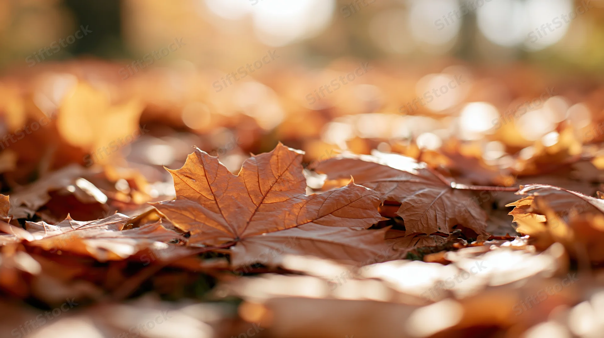 Fallen maple leaves scattered on forest ground in autumn sunlight