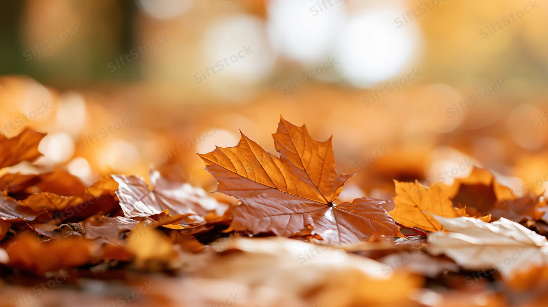 Fallen maple leaves scattered on forest ground in autumn