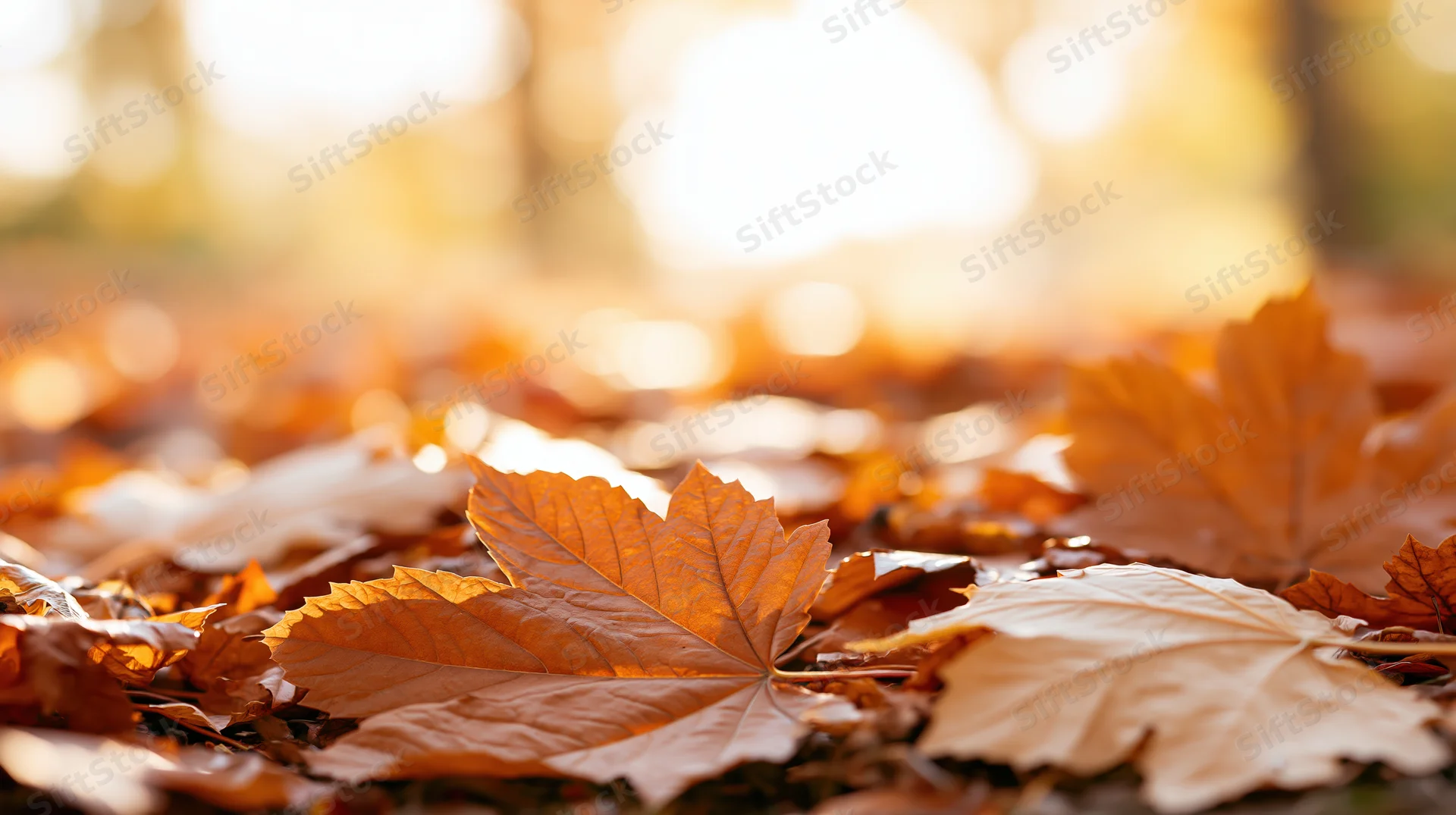 Fallen maple leaves scattered on forest ground in autumn sunlight