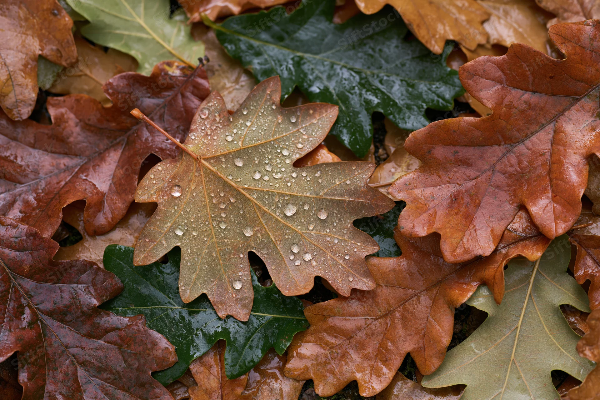 Wet oak leaves scattered on forest floor in autumn