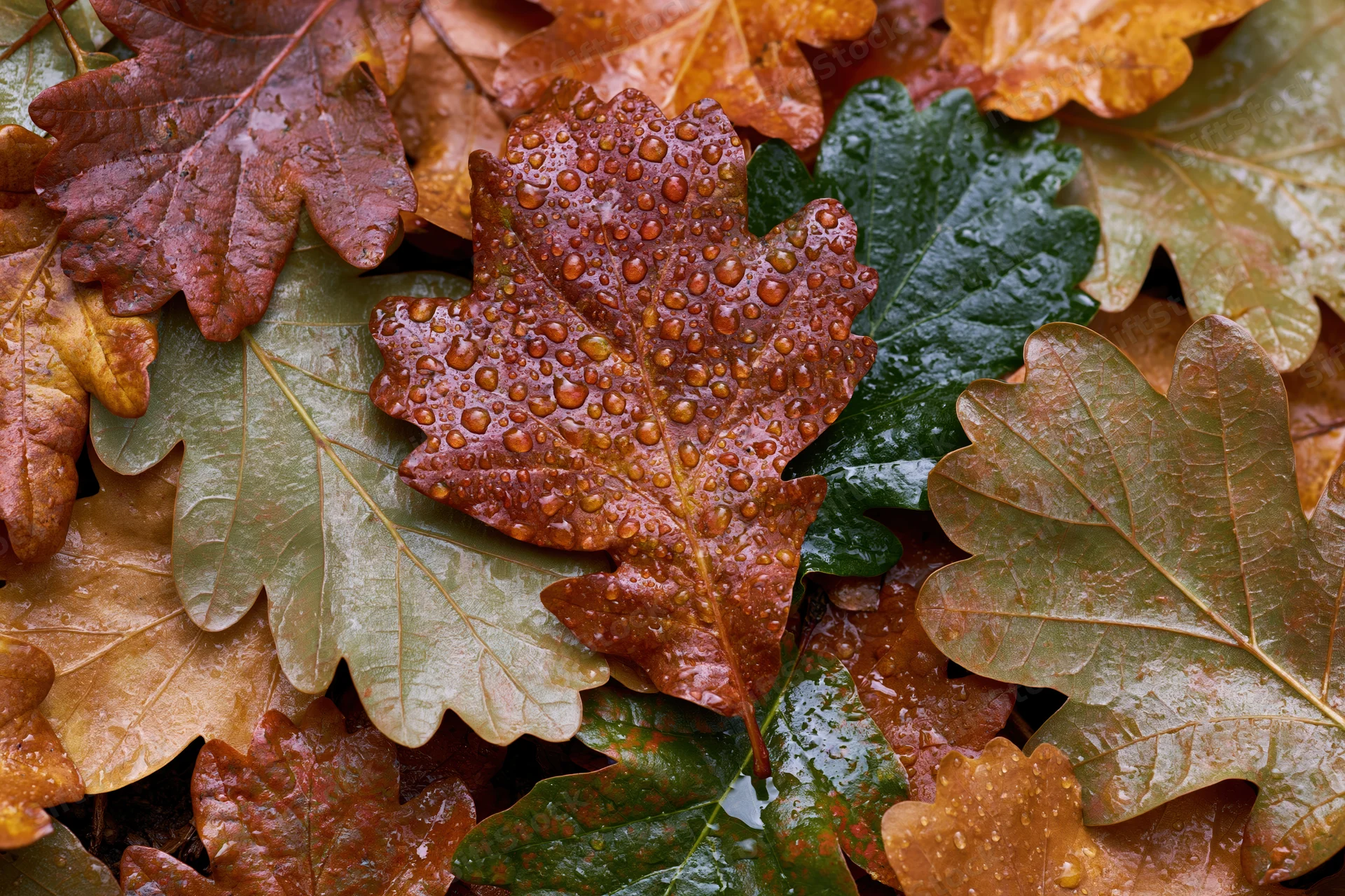 Wet oak leaves scattered on forest floor with raindrops on surface