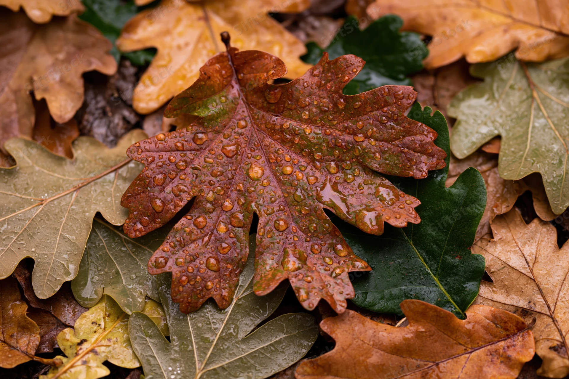 Wet oak leaf with raindrops resting on forest floor among fallen foliage