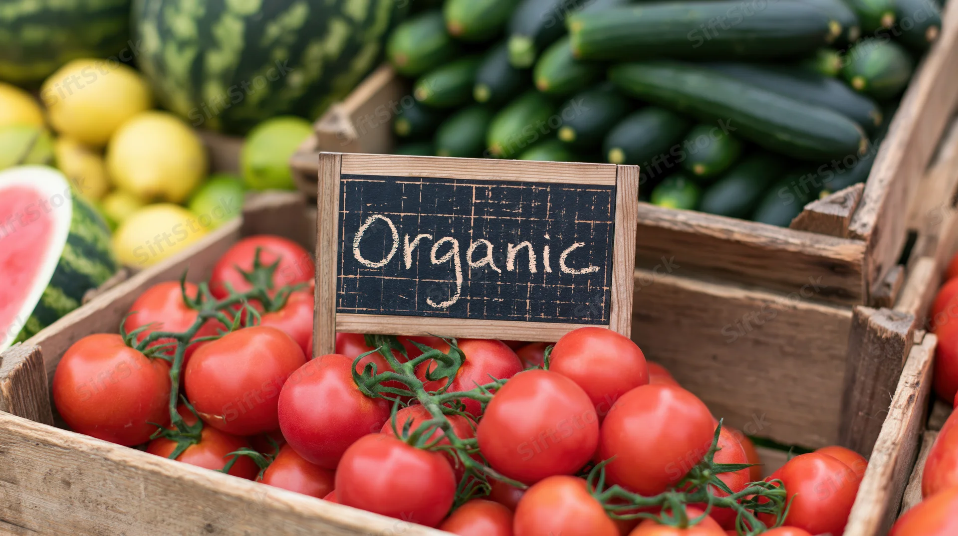 Organic tomatoes on vine in wooden crate at farmers market produce stand