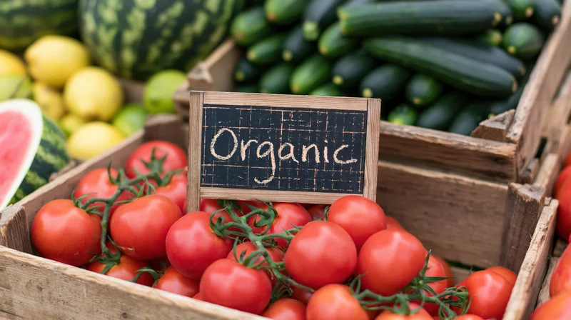 Organic tomatoes on vine in wooden crate at farmers market produce stand