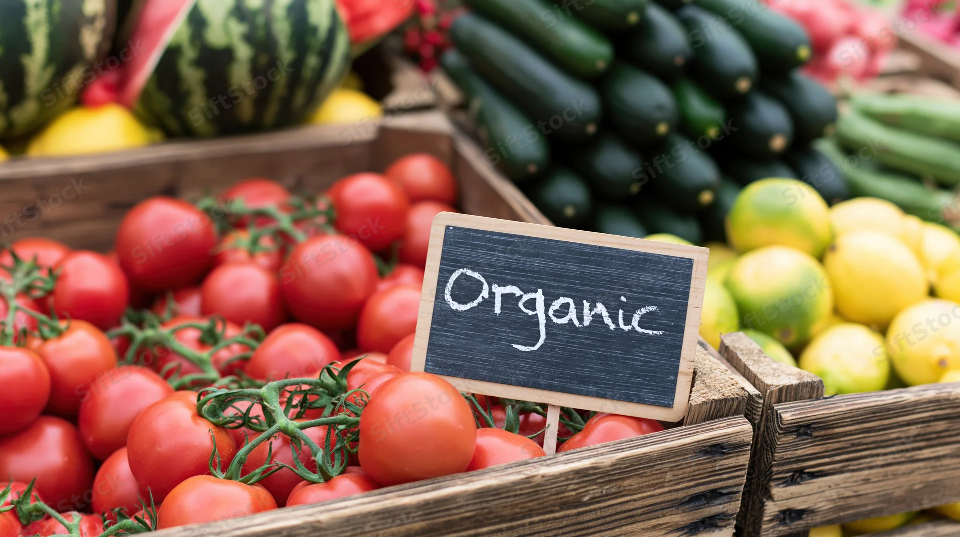 Organic tomatoes on vine in wooden crate at farmers market stand with chalkboard sign