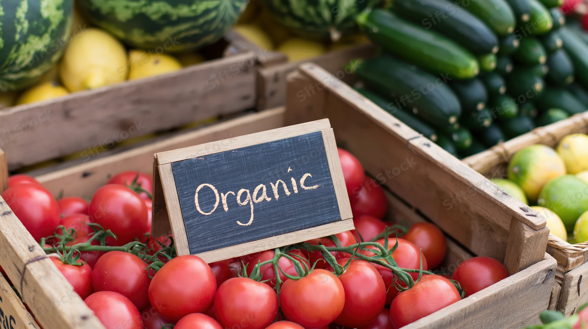 Tomatoes in wooden crates at a farmers market stand with an organic sign