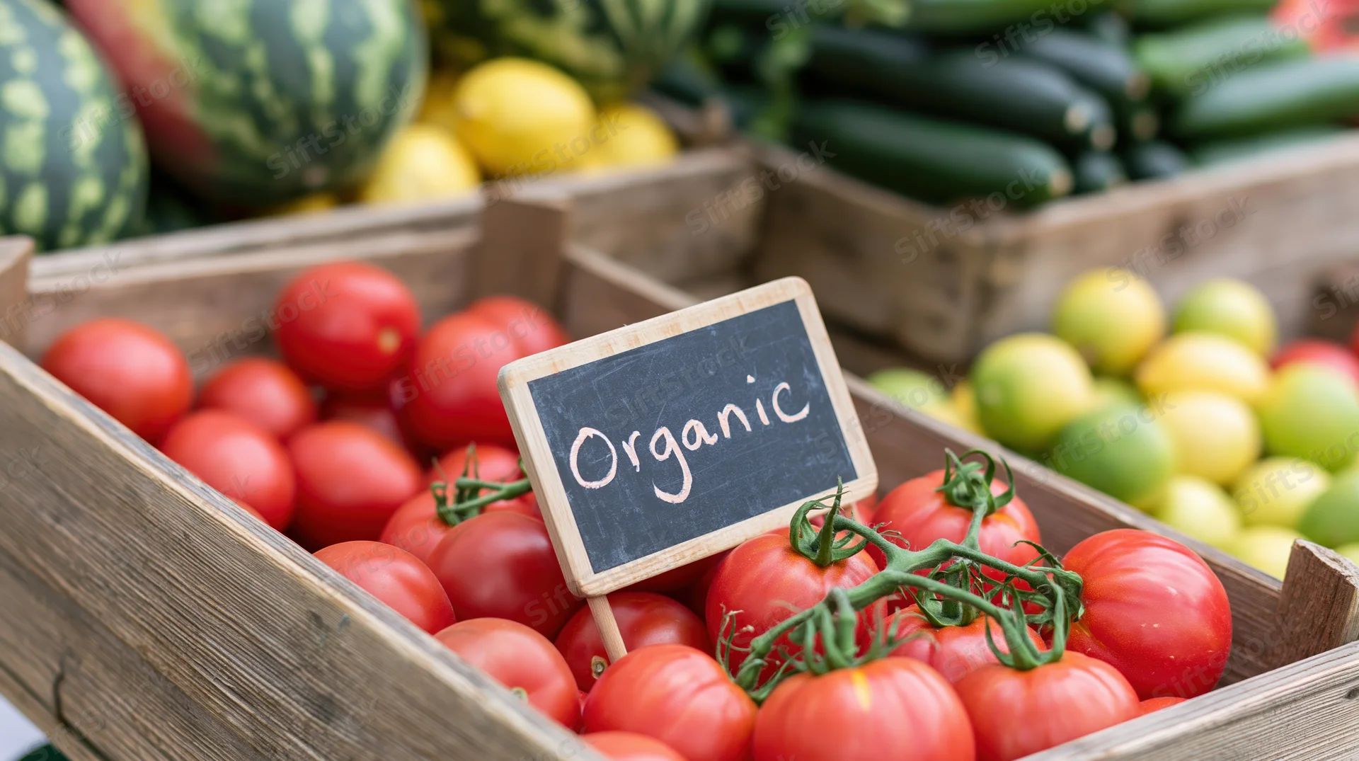 Tomatoes in wooden crates at a farmers market produce stand with an organic sign