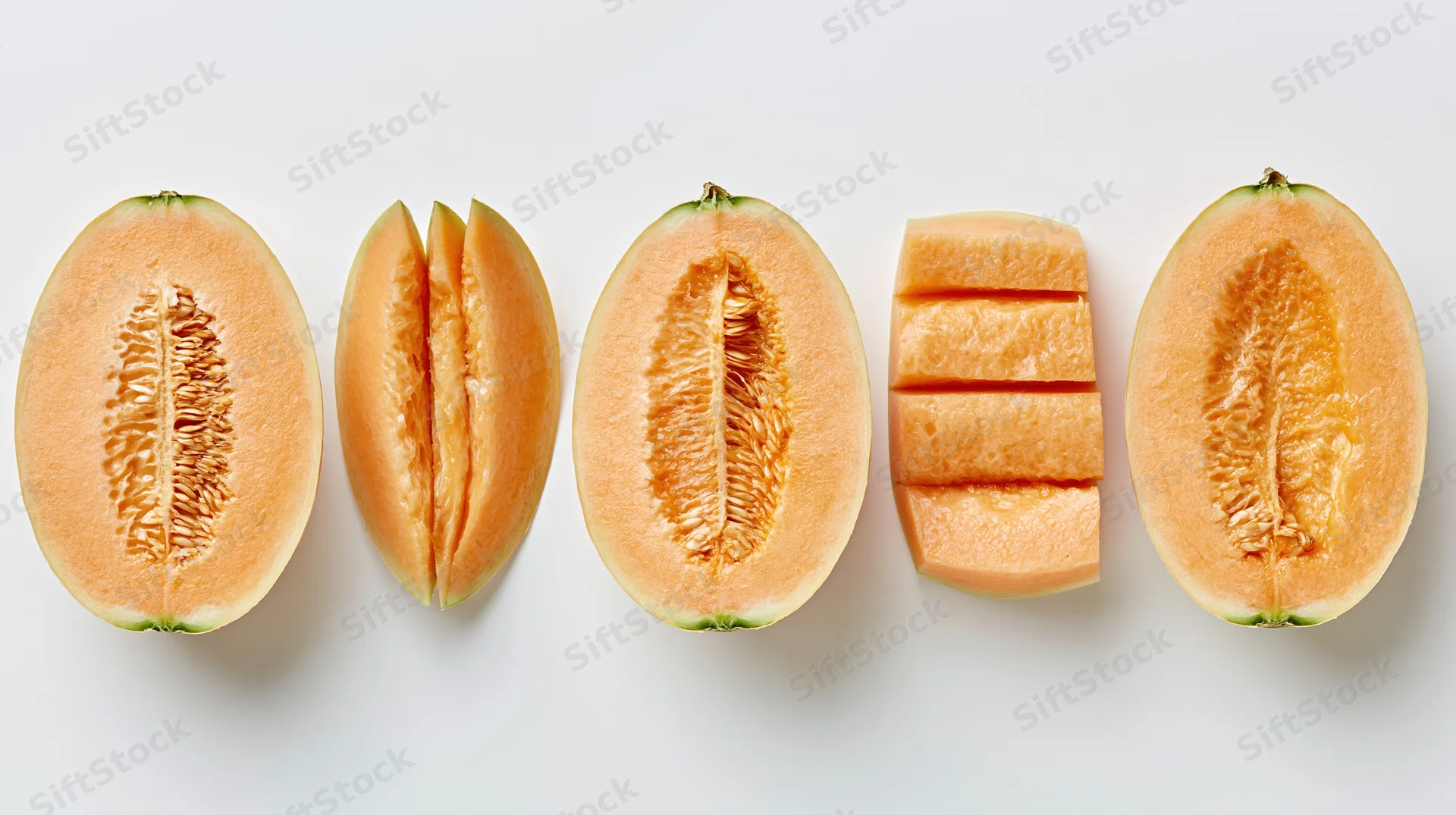 Five cantaloupe melon halves arranged in a row on a white background