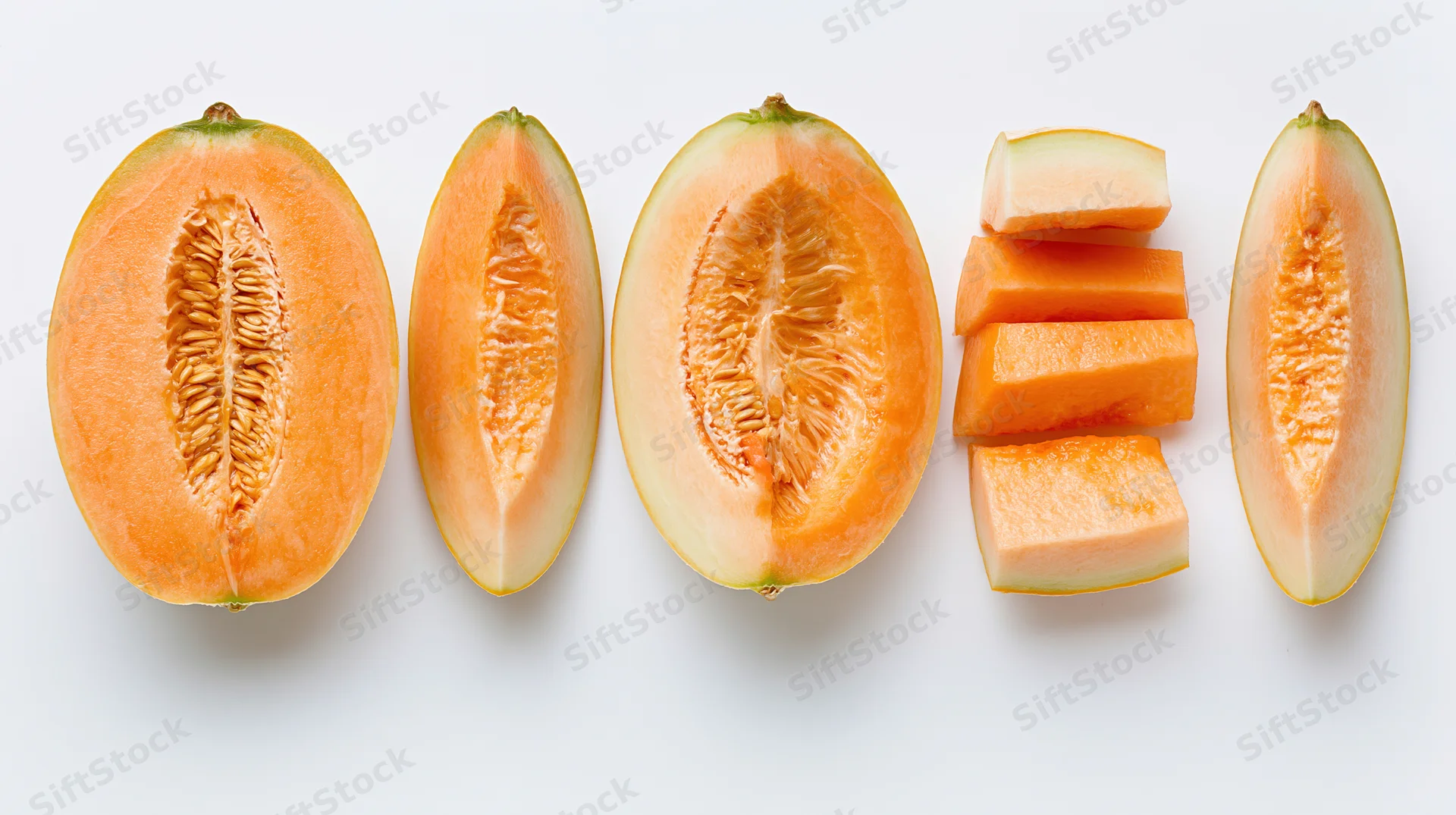 Five cantaloupe melon halves and slices arranged in a row on a white surface