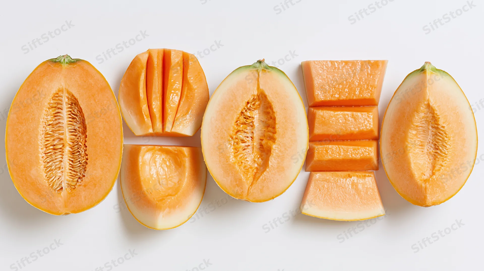 Five cantaloupe melon halves arranged in a row on a white background