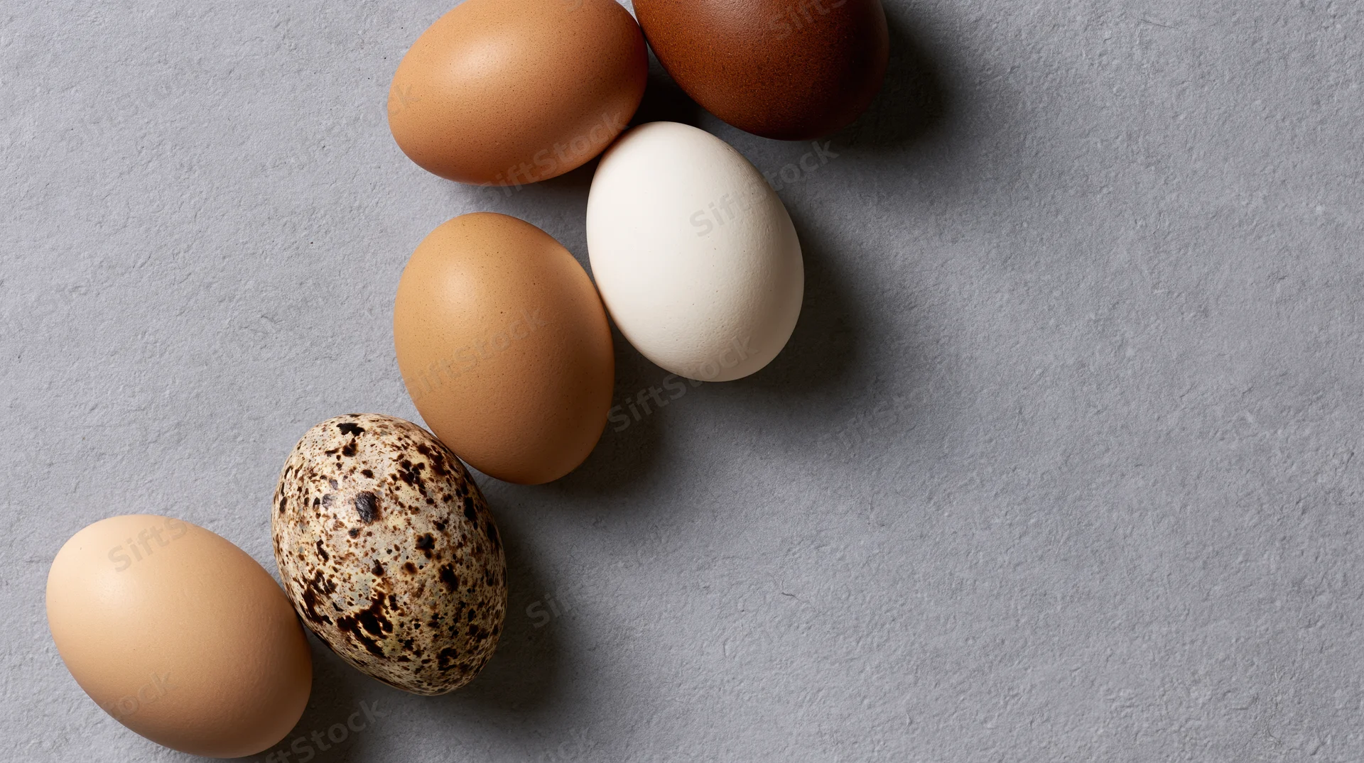 Five eggs of different colors and sizes arranged on a gray textured surface
