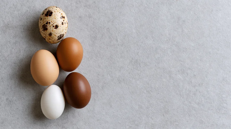Five eggs of different colors and sizes arranged on a gray stone surface